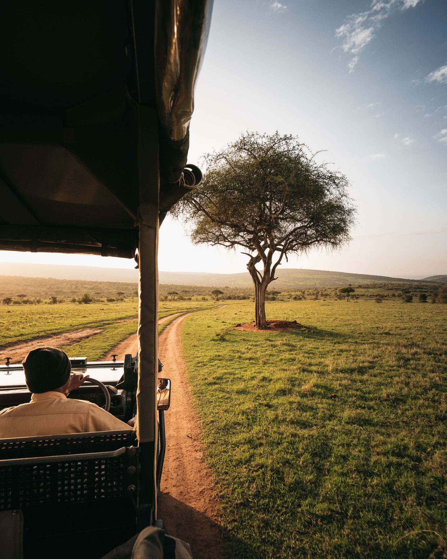 Game drive vehicle on the plains at sunset